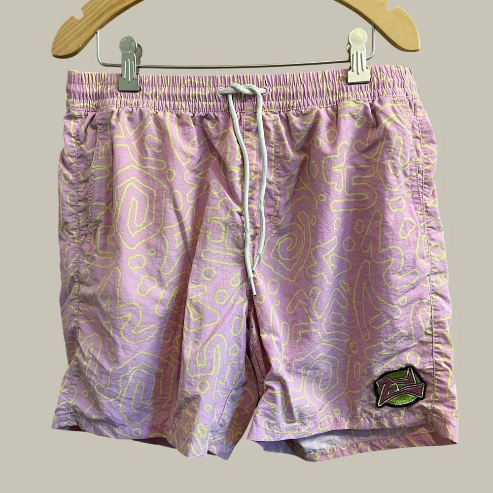 Empyre Swim Trunks Mens Medium Pink Yellow Abstract Swirl Mesh Lined Shorts
